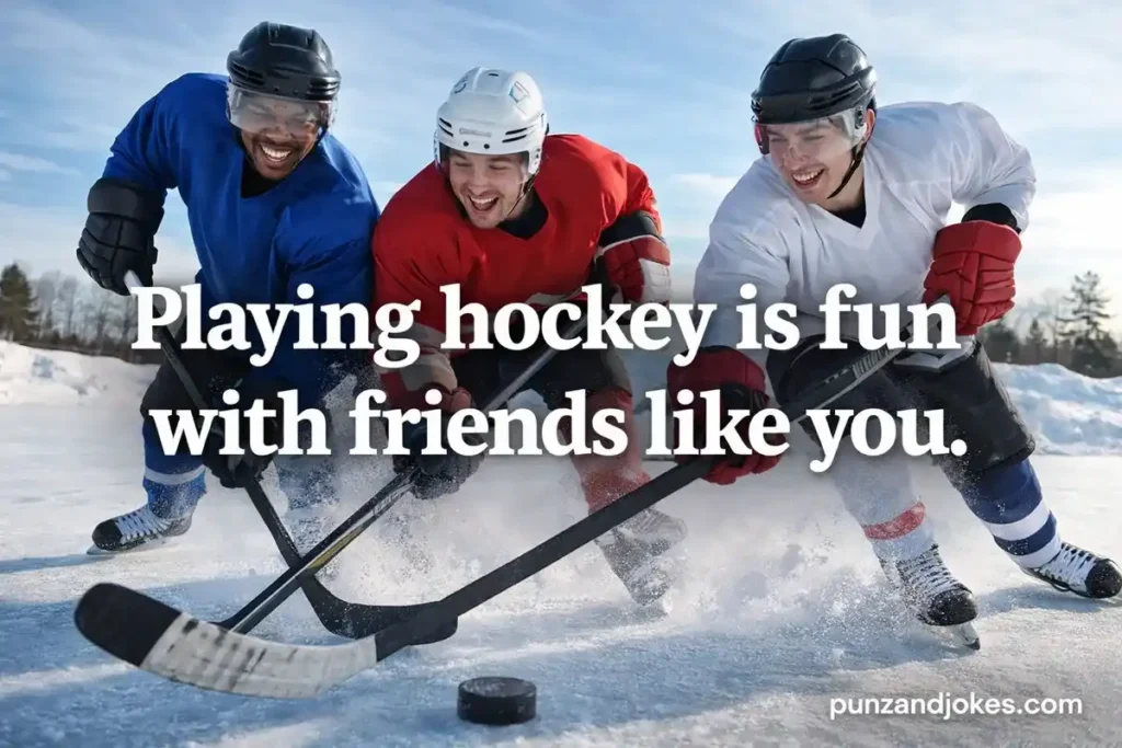 Playing hockey is fun with friends like you.